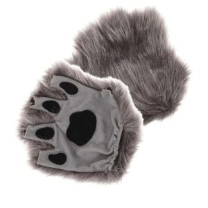 Gray faux fur fingerless animal paw gloves